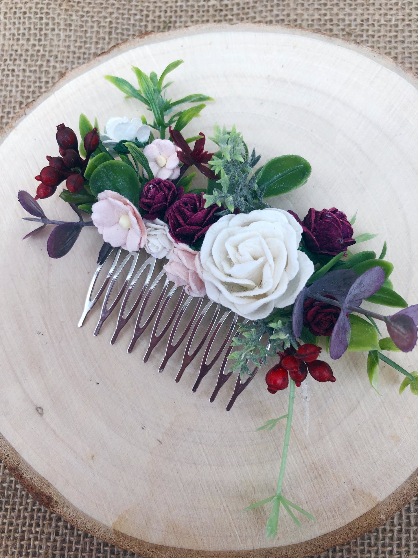 Burgundy, Blush and Ivory Flower Hair Comb