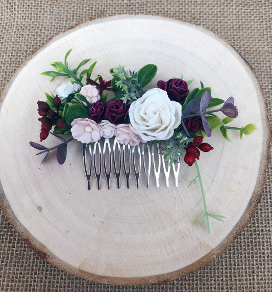 Blush and burgundy wedding flower hair comb