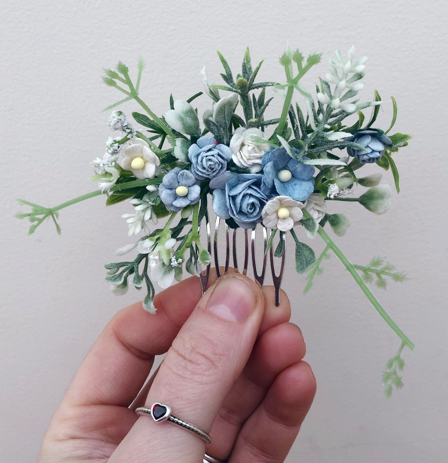 Dusky Blue and White Flower Hair Comb