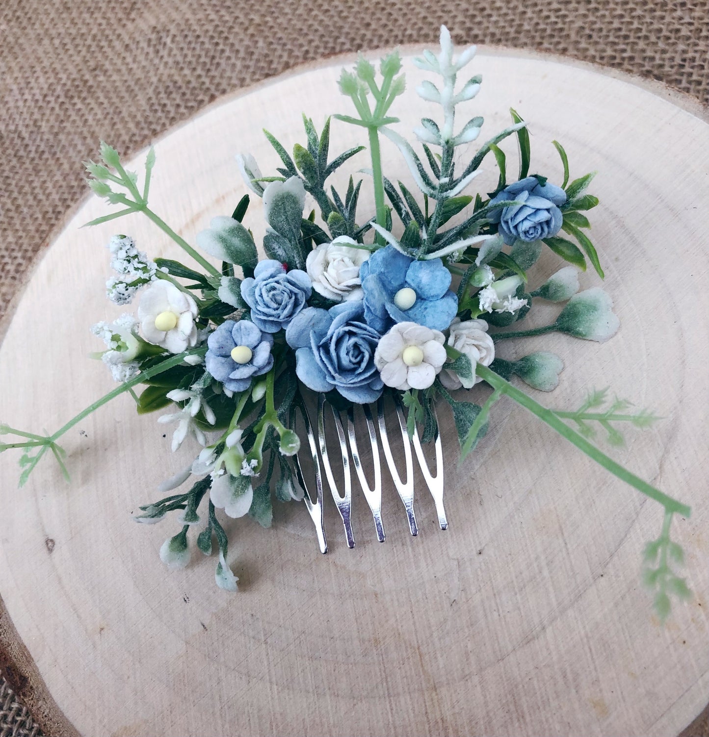 Dusky Blue and White Flower Hair Comb