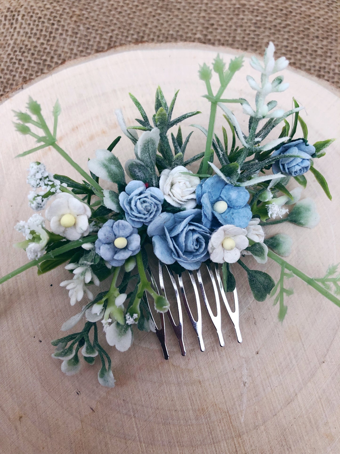 Dusky Blue and White Flower Hair Comb