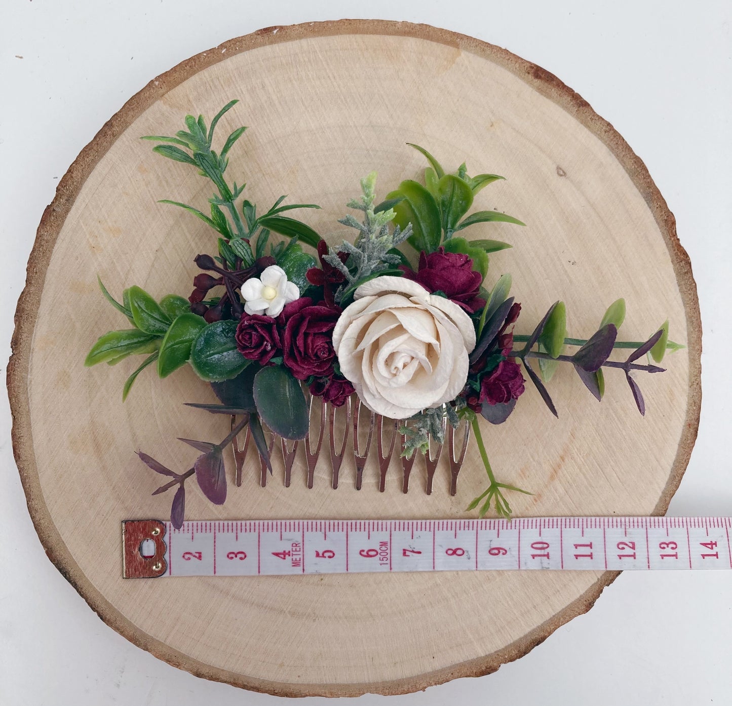Burgundy and Ivory Flower Hair Comb