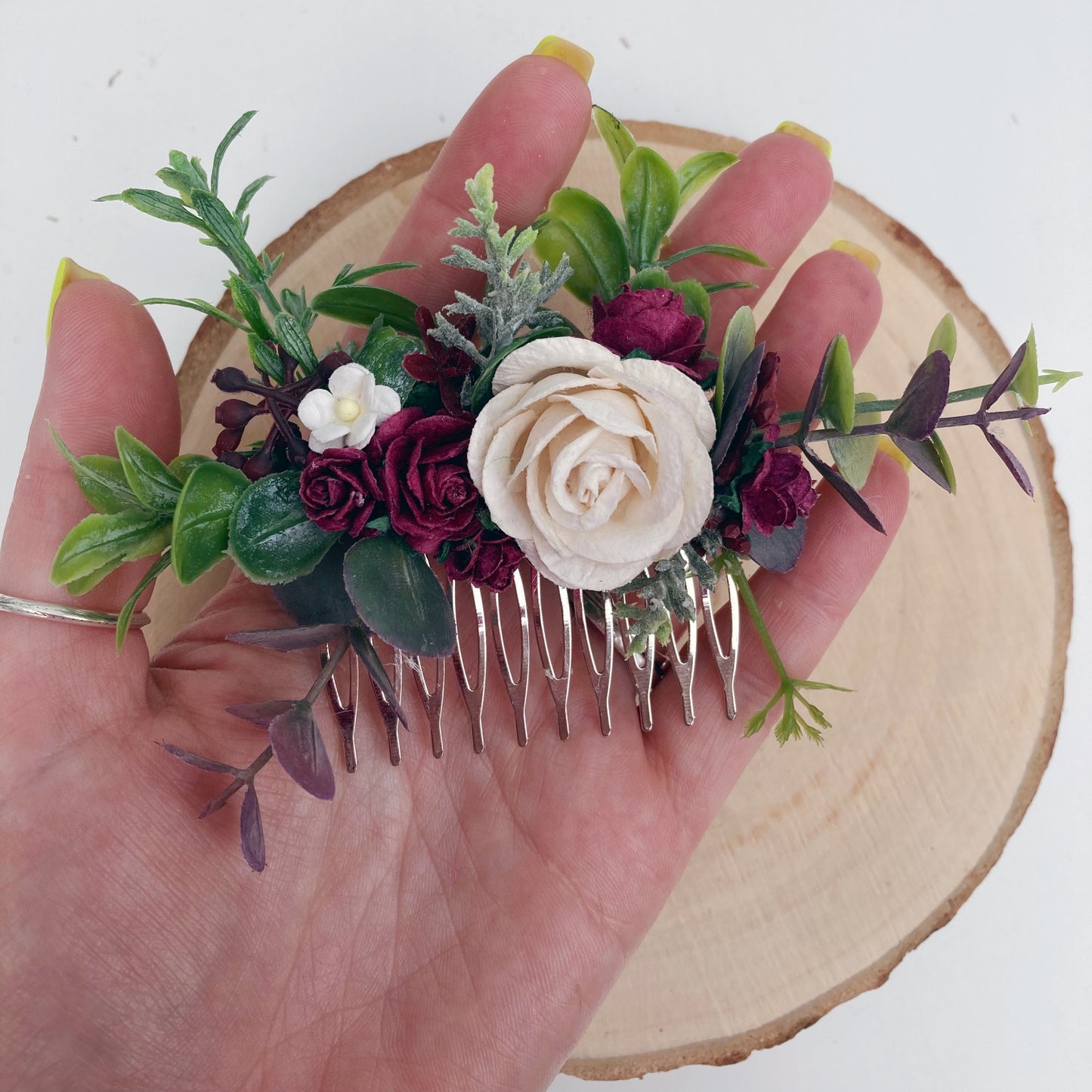 Burgundy and Ivory Flower Hair Comb