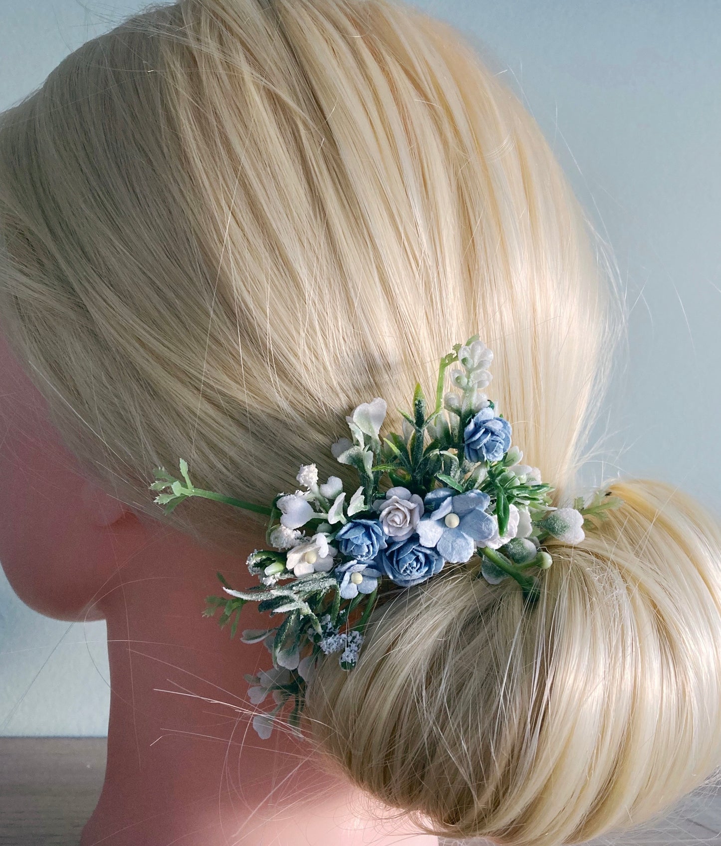 Dusky Blue and White Flower Hair Comb