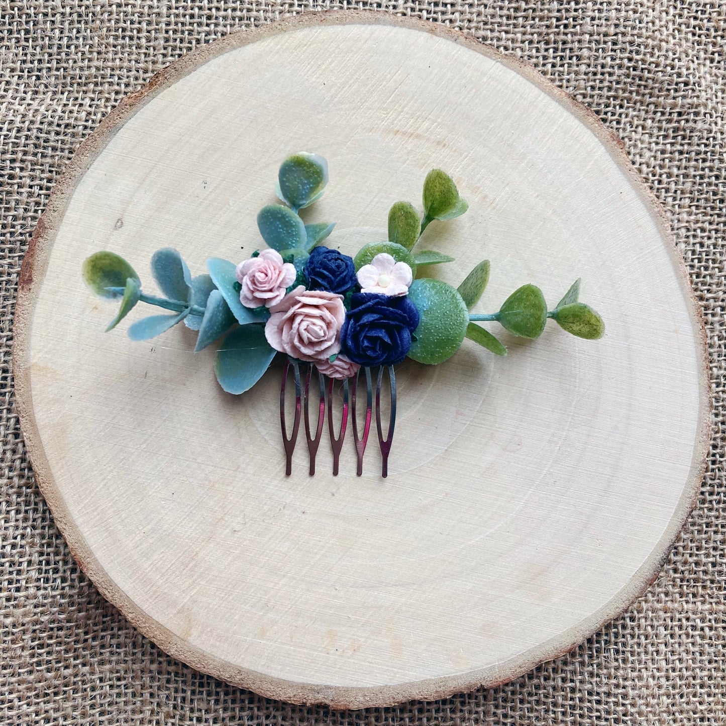 Navy And Blush Pink Flower Hair Comb