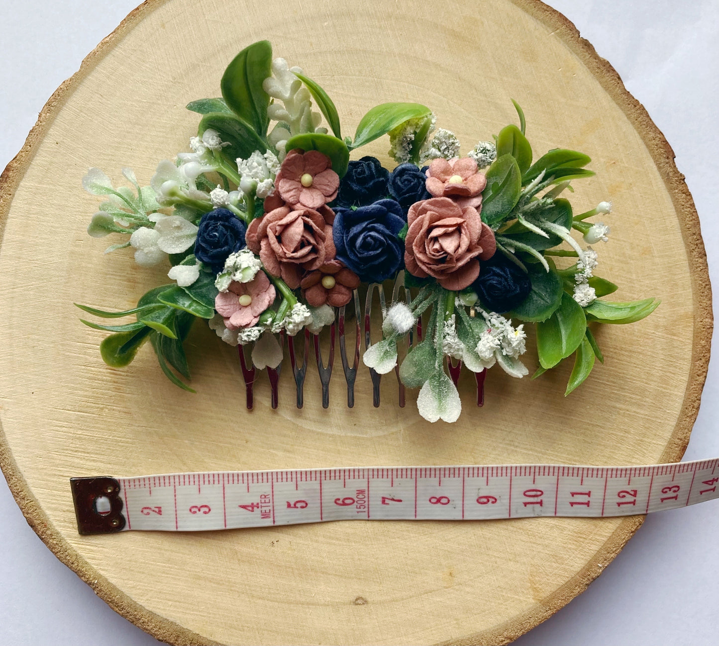 Dusky Pink And Navy Flower Hair Comb