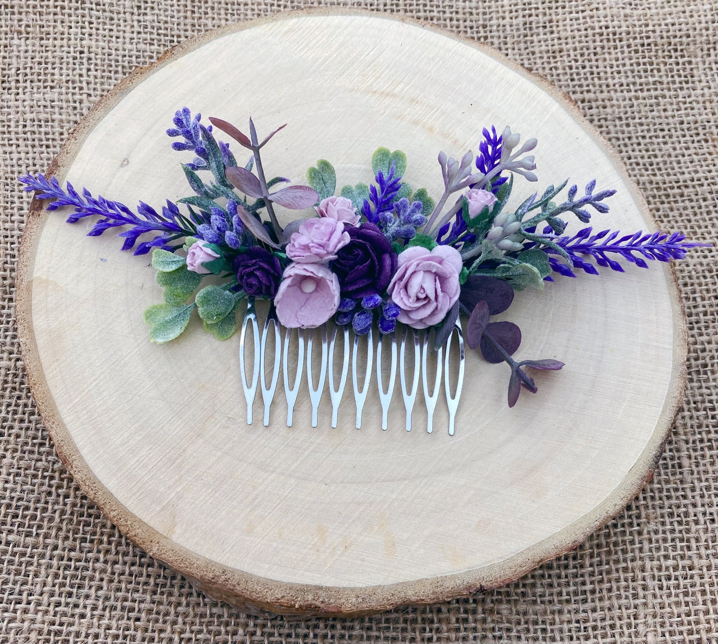 Lilac, purple and lavender flower hair comb