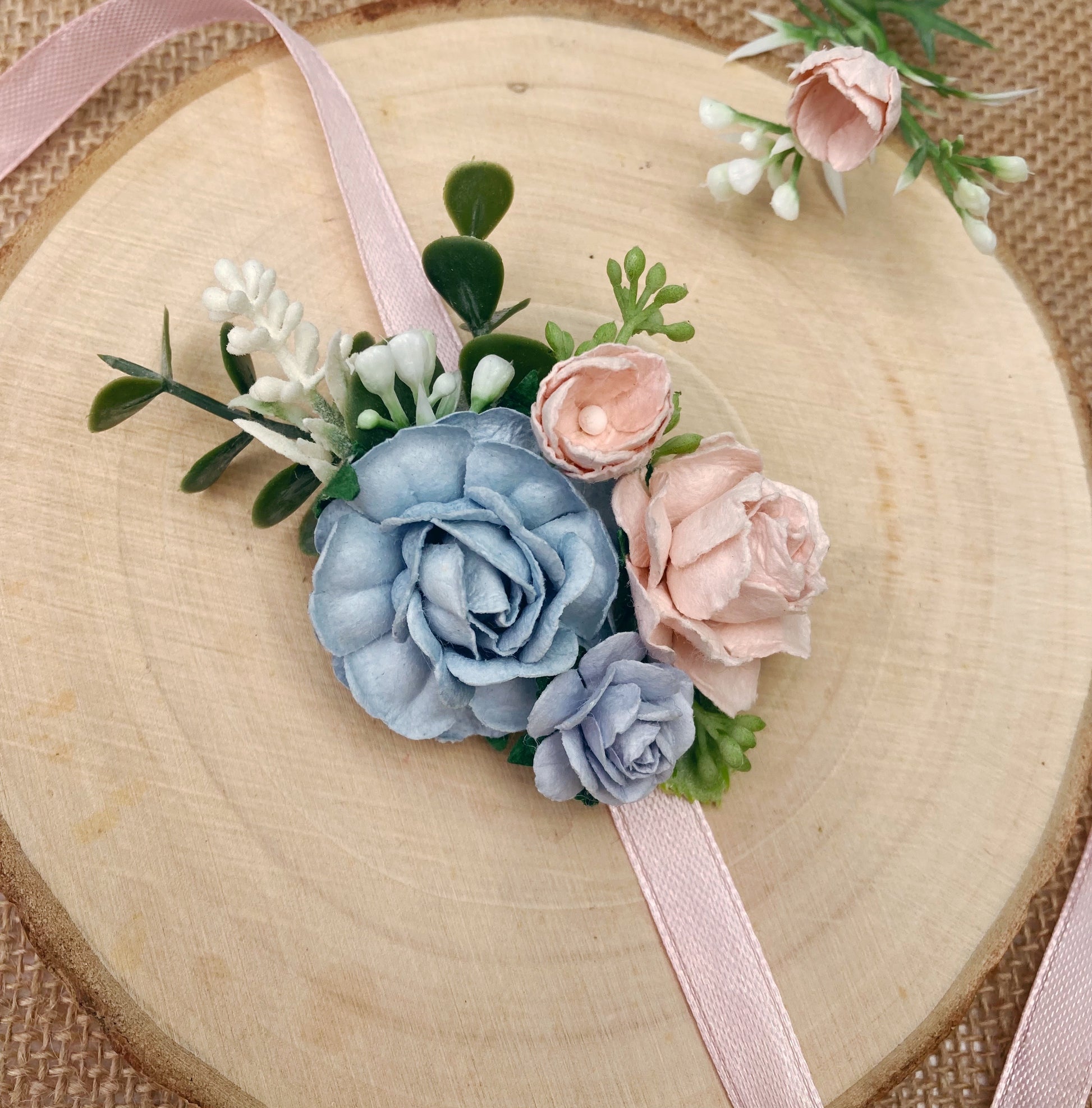 Blue and blush flower wrist corsage