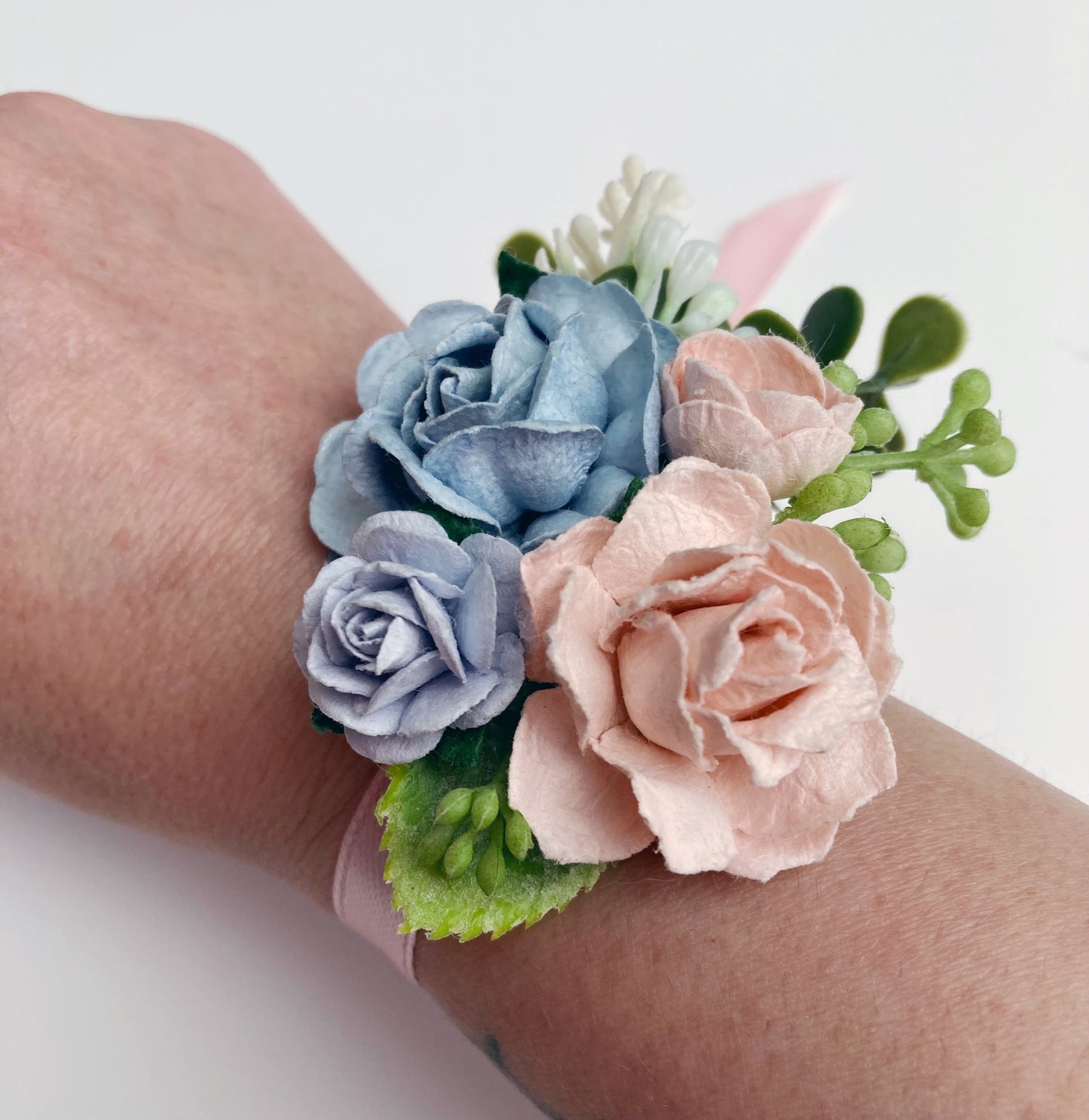 Blush and Blue Wedding Prom Flower Wrist Corsage