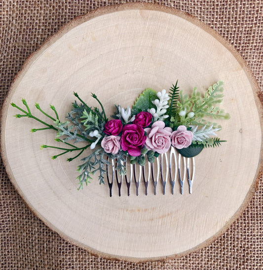 Blush pink and bright pink flower hair comb