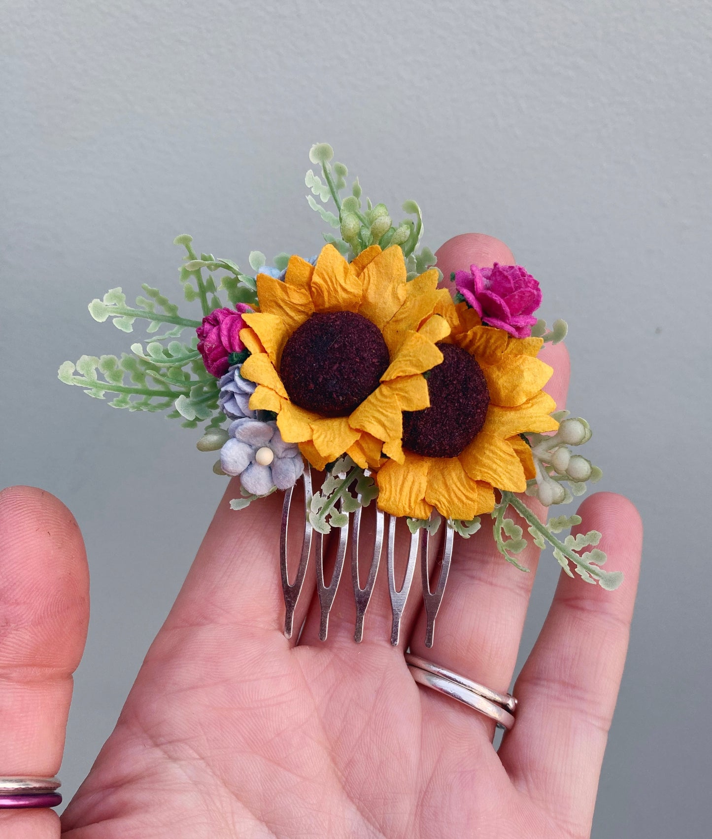 Sunflower with Bright Pink and Dusky Blue Hair Comb