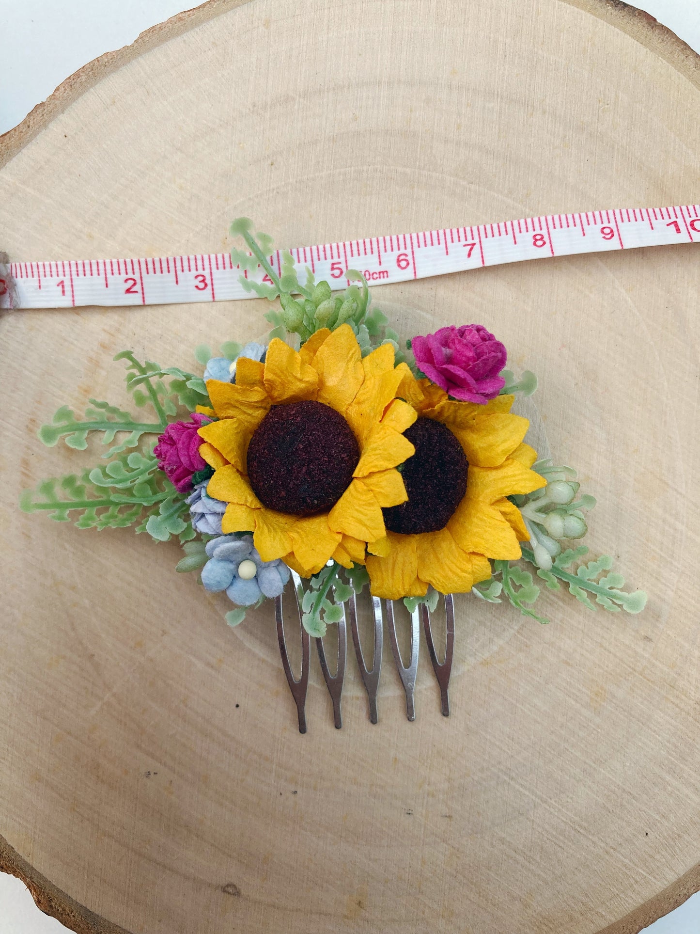 Sunflower with Bright Pink and Dusky Blue Hair Comb