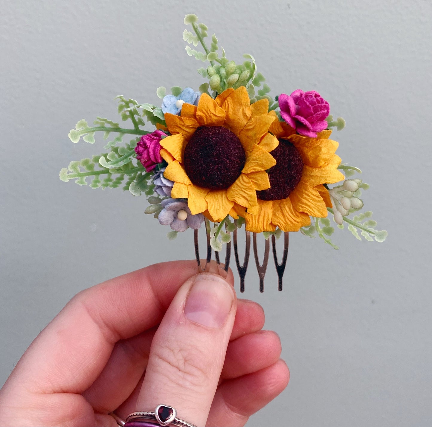 Sunflower with Bright Pink and Dusky Blue Hair Comb