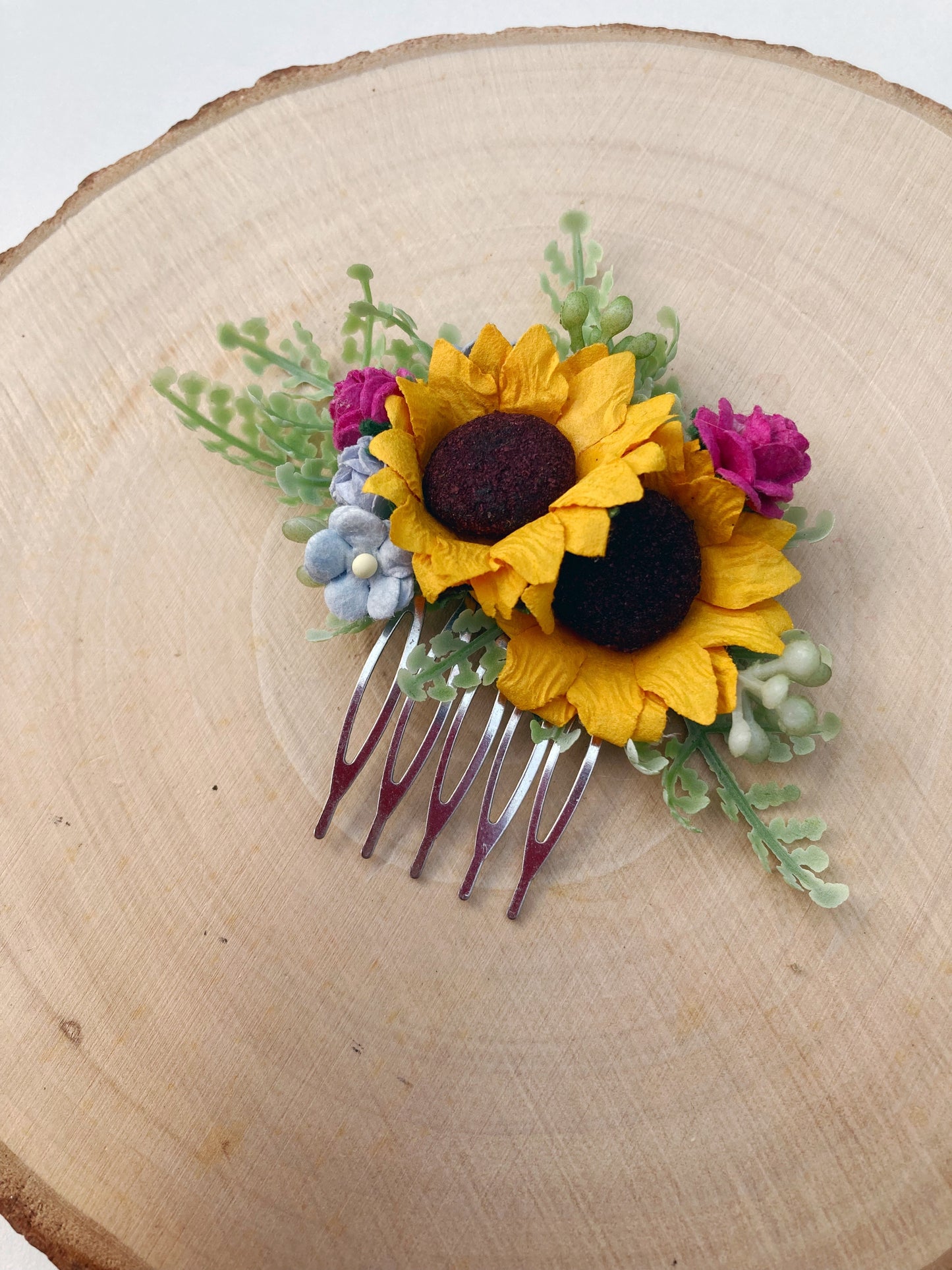 Sunflower with Bright Pink and Dusky Blue Hair Comb