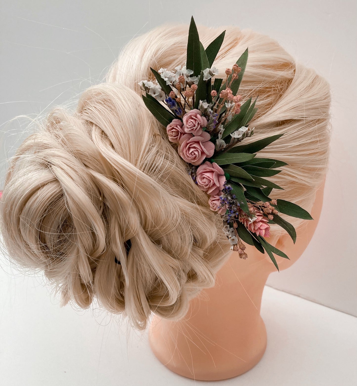 Dried Eucalyptus and Pink Flowers Hair Comb