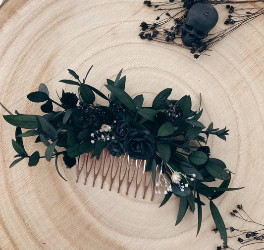 Gothic Black Flower Hairpiece with Eucalyptus