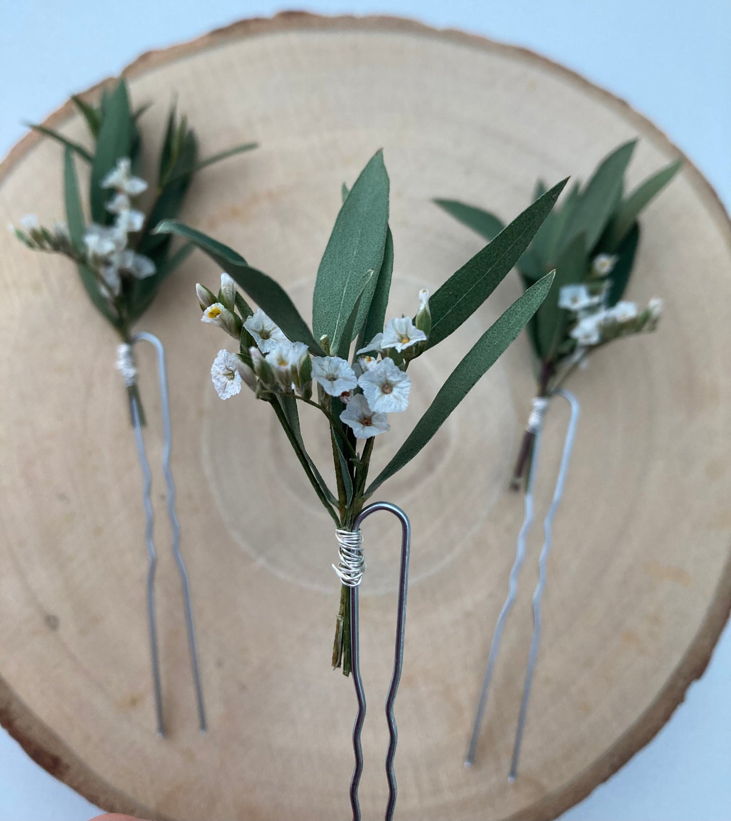 Dried Eucalyptus and White Flower Hair Pins