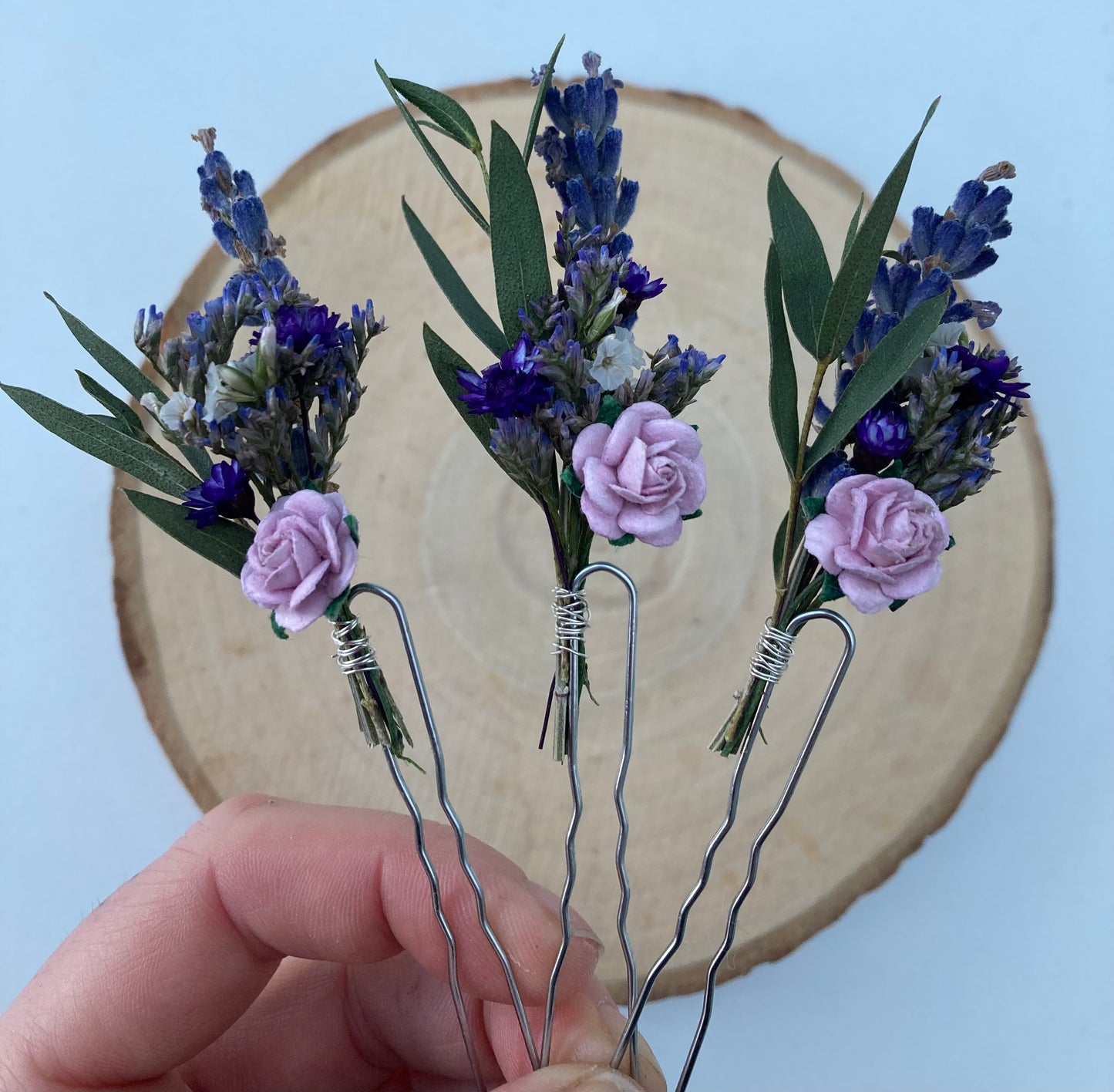 Lilac and Dried Eucalyptus Flower Hair Pins