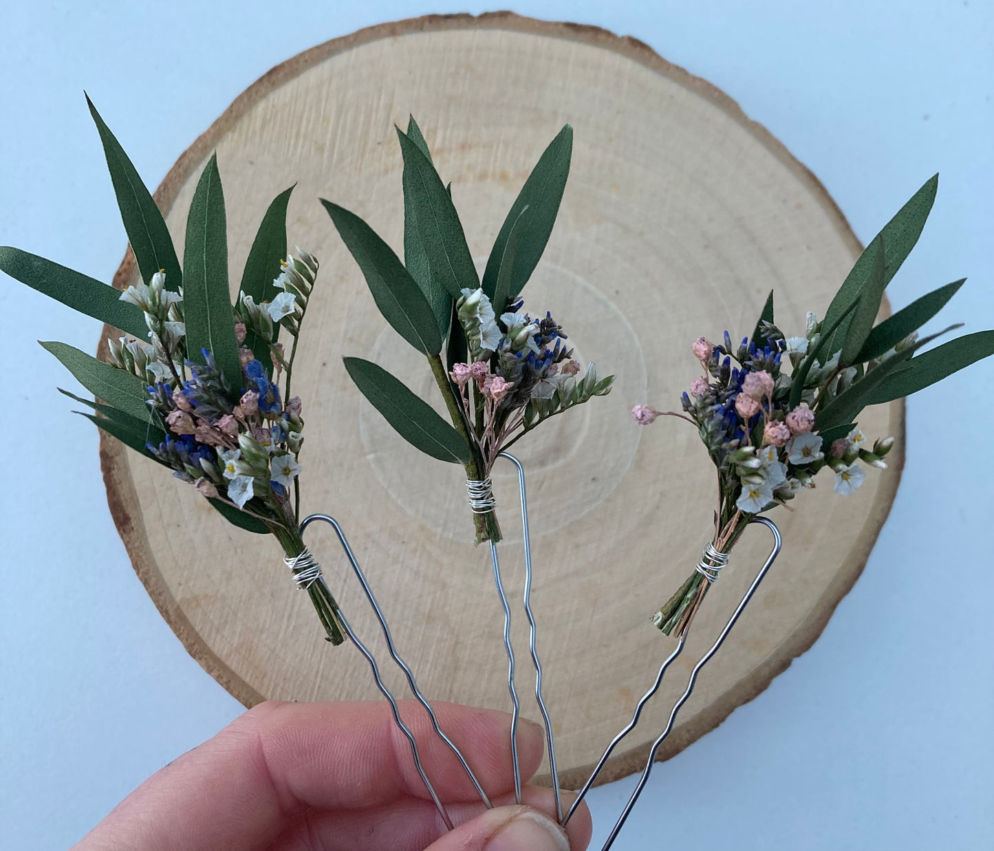 Dried Eucalyptus and Limonium Flower Hair Pins