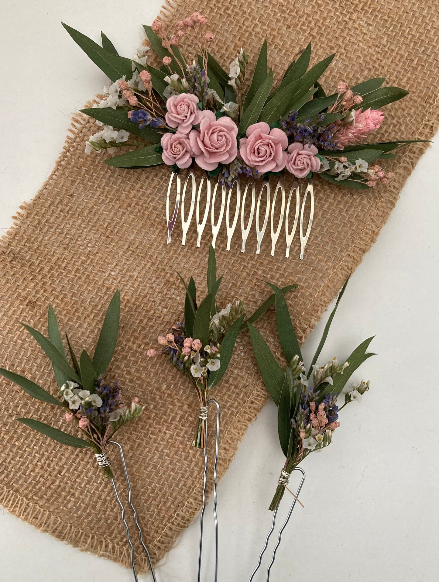 Dried Eucalyptus and Pink Flowers Hair Comb
