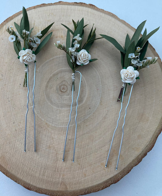 Dried eucalyptus with white limonium flower hair pins, bridal wedding hairpiece