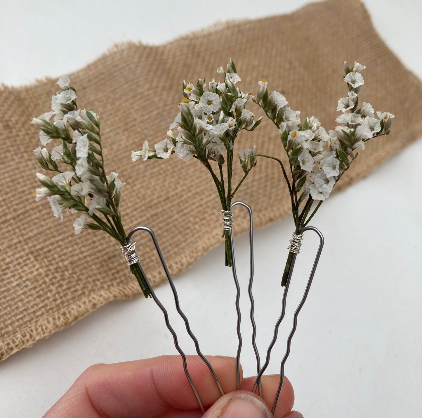 White Limonium Dried Flower Hair Pins