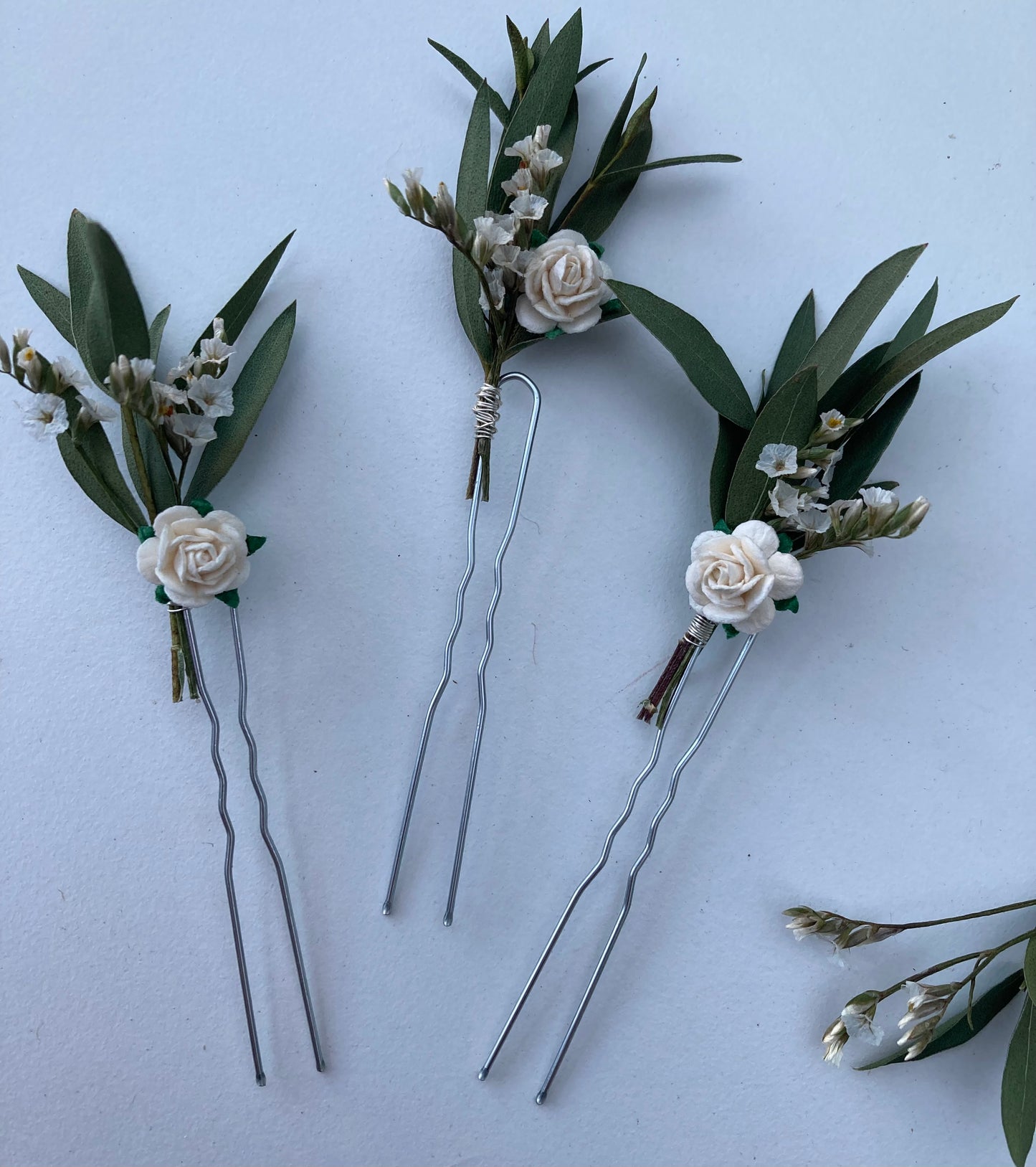 Dried Eucalyptus and White Flower Hair Pins