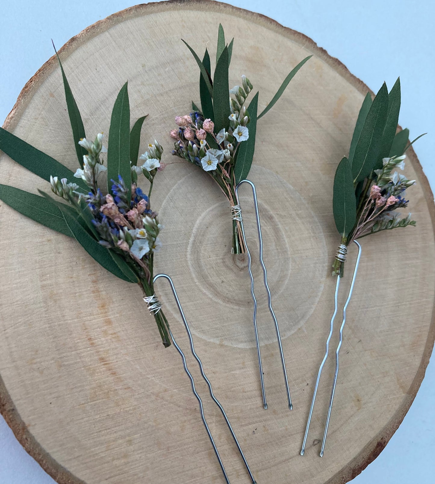 Dried Eucalyptus and Limonium Flower Hair Pins