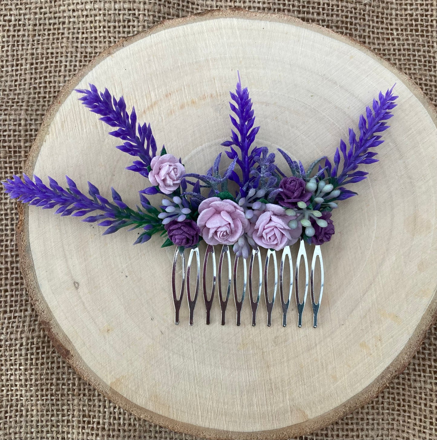 Lavender and lilac flower hair comb