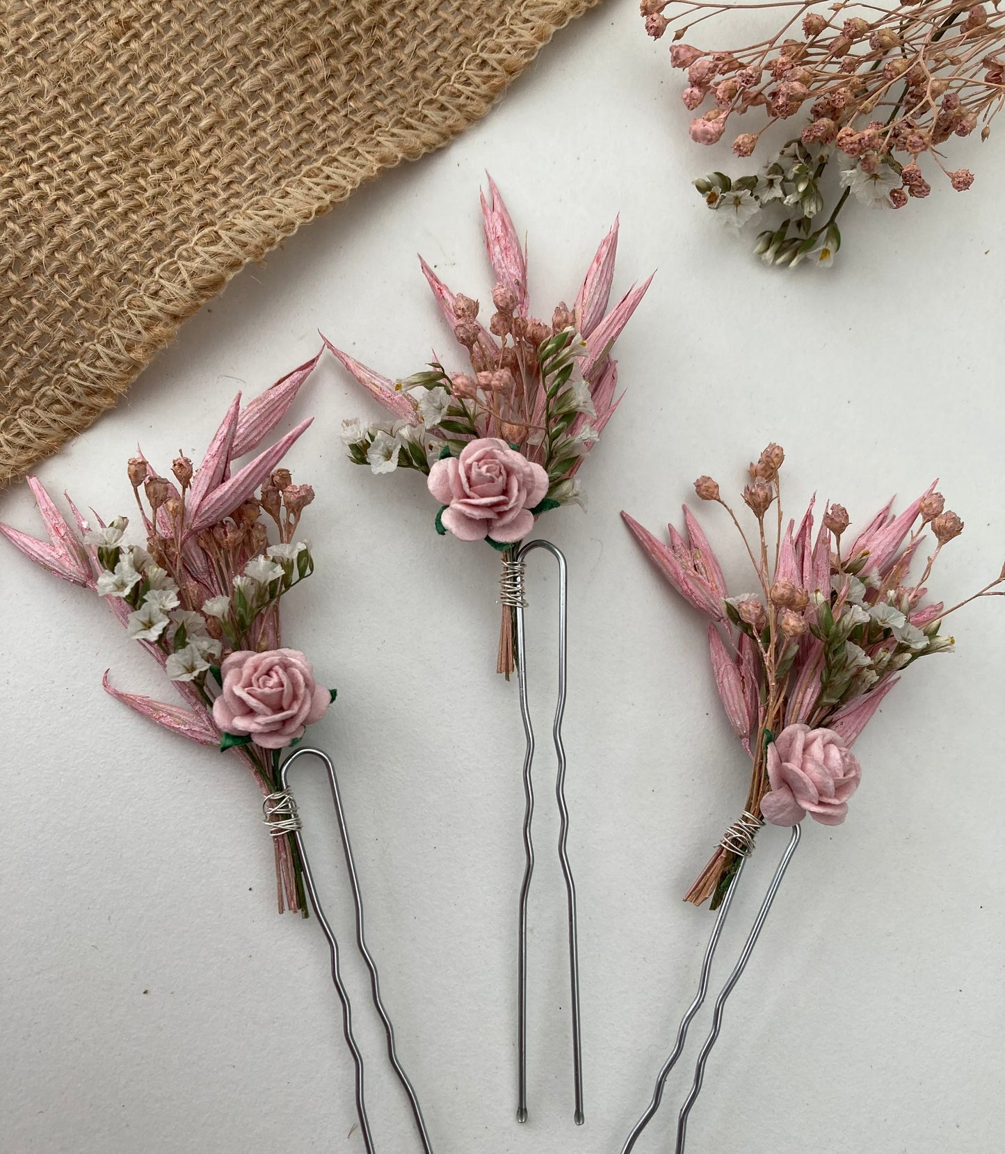 Pink dried flower hair pins, wedding bridal hairpiece