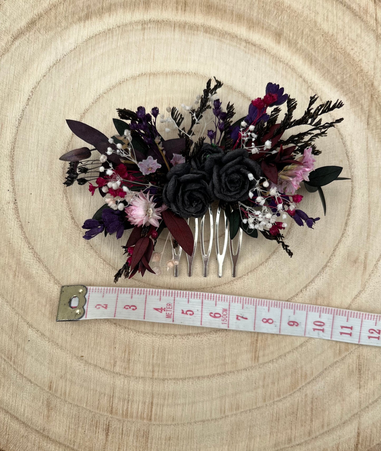 Gothic Black, Pink And Burgundy Flower Hair Comb