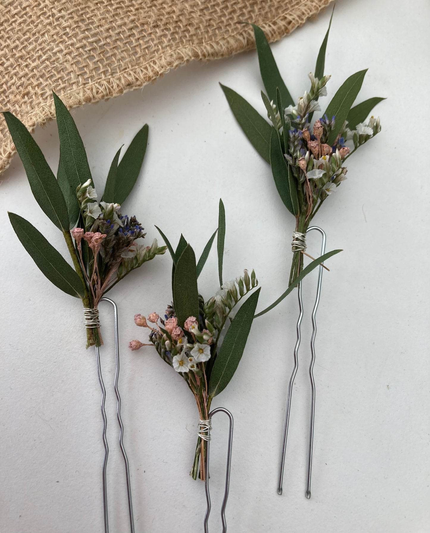 Dried Eucalyptus and Limonium Flower Hair Pins