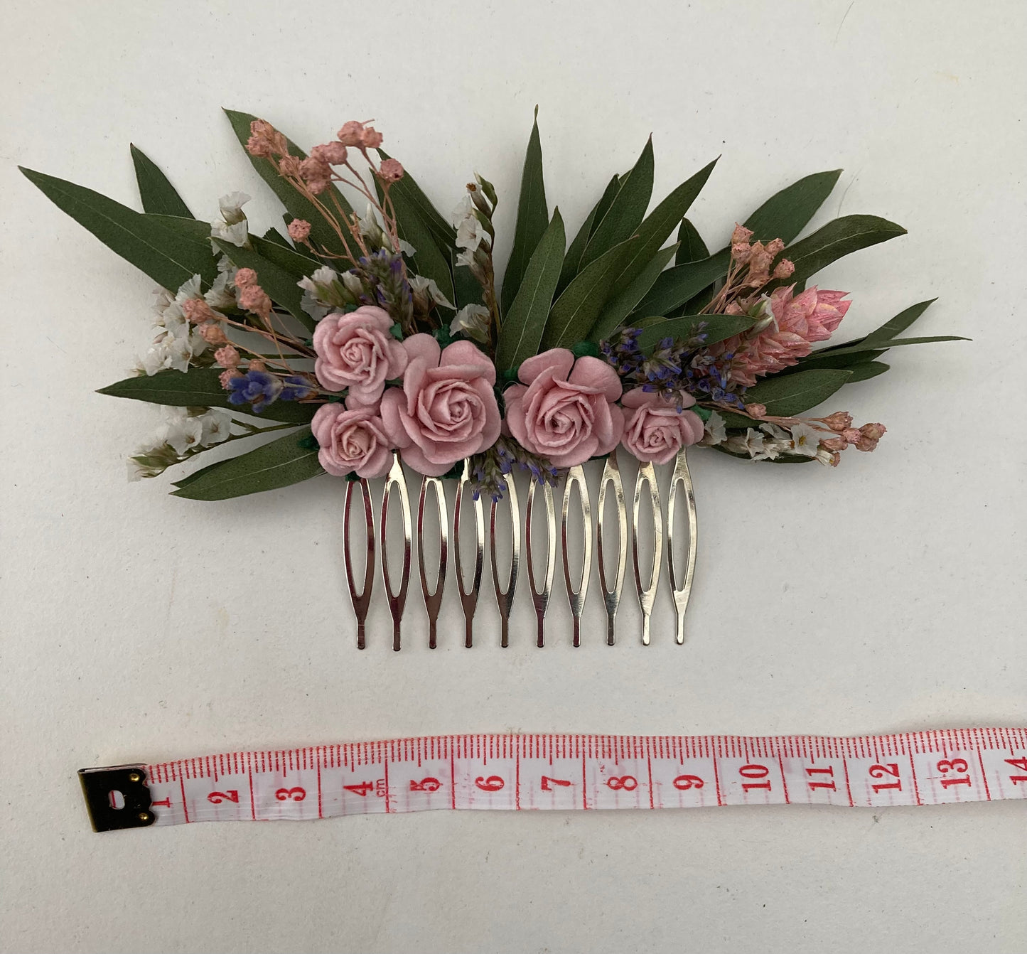 Dried Eucalyptus and Pink Flowers Hair Comb