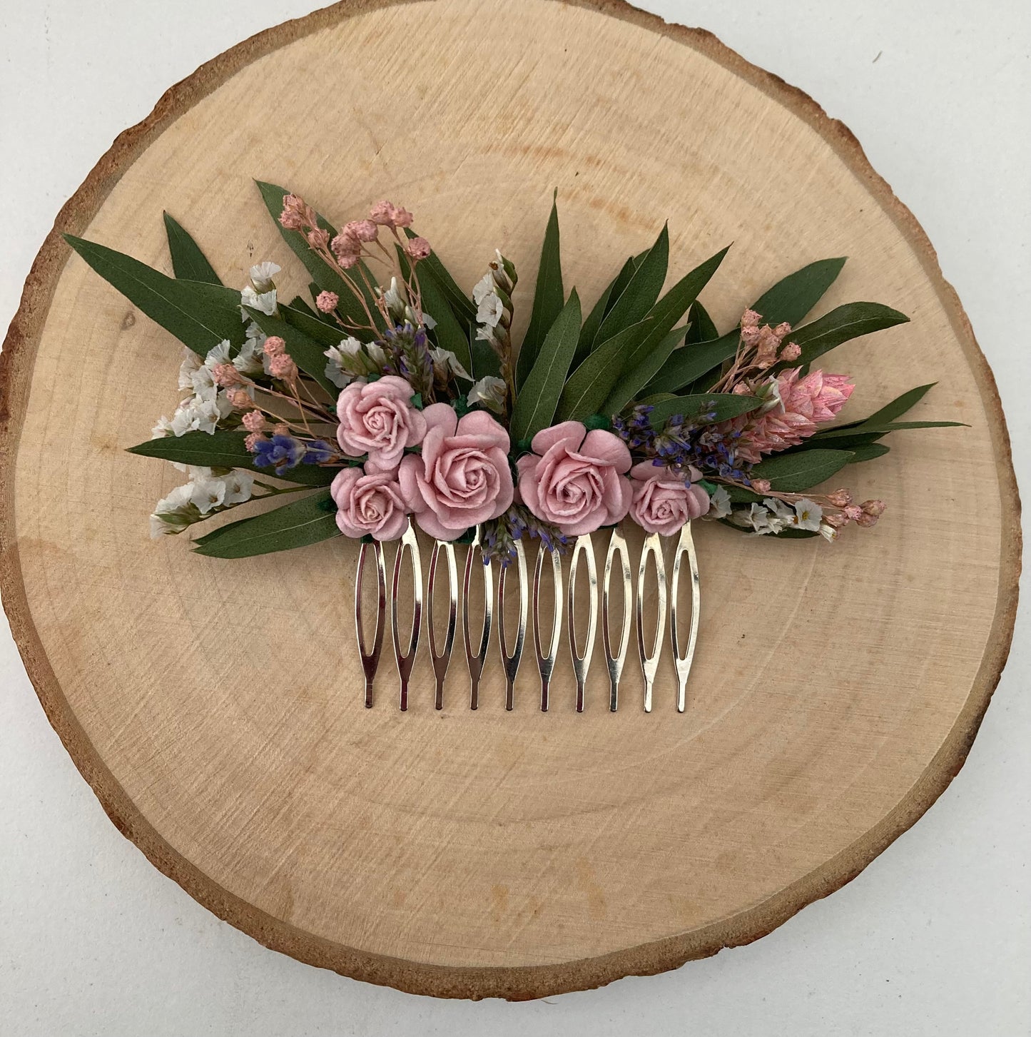 Dried Eucalyptus and Pink Flowers Hair Comb