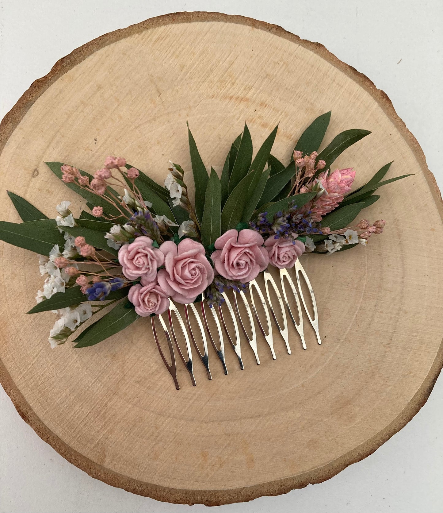 Dried Eucalyptus and Pink Flowers Hair Comb