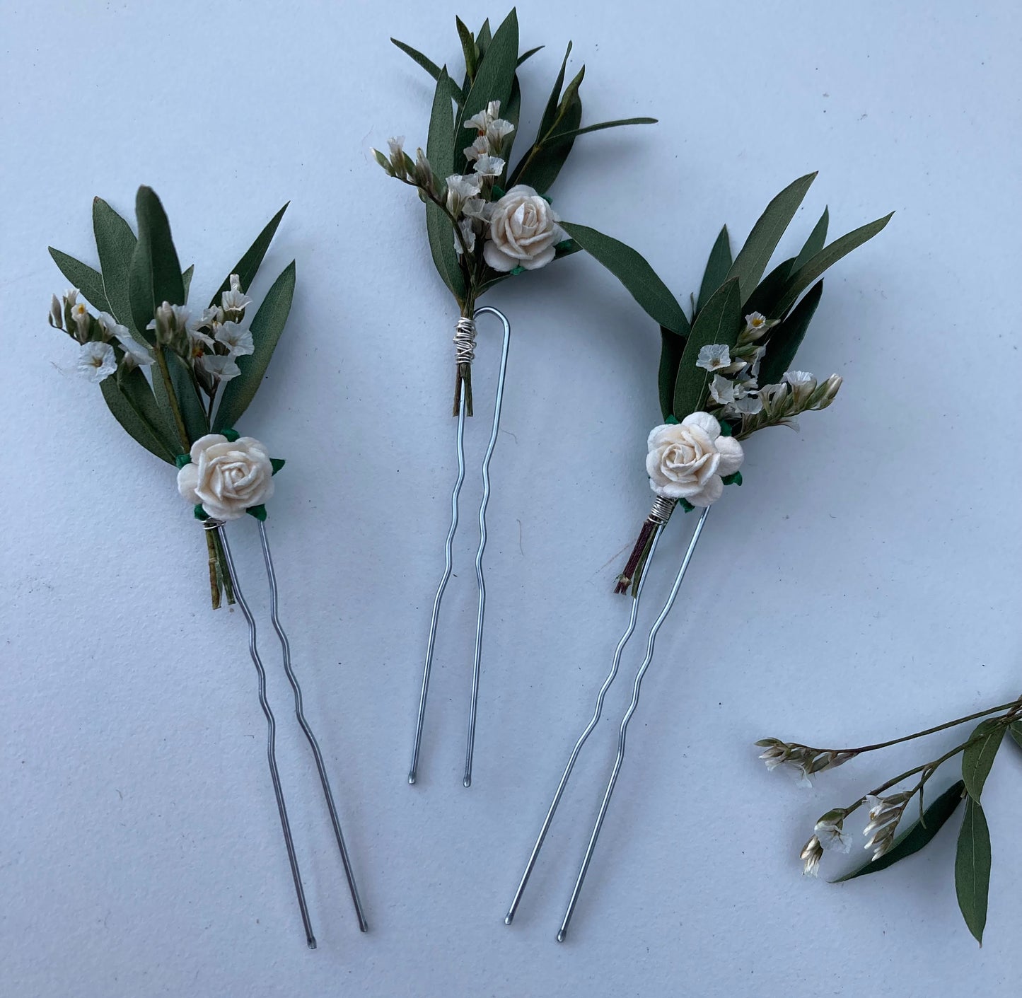 Dried Eucalyptus and White Flower Hair Pins