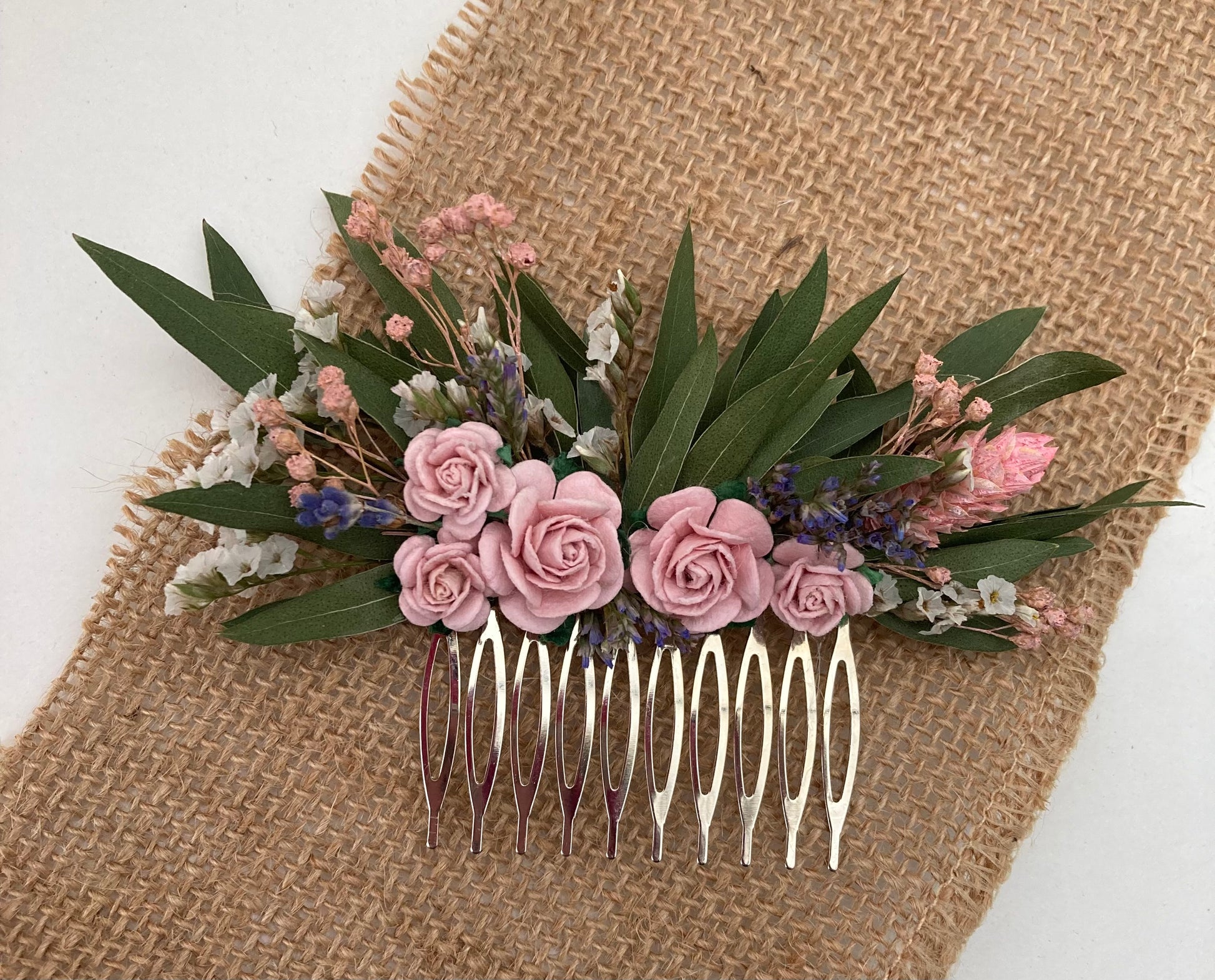 Pink dried flower hair comb with eucalyptus