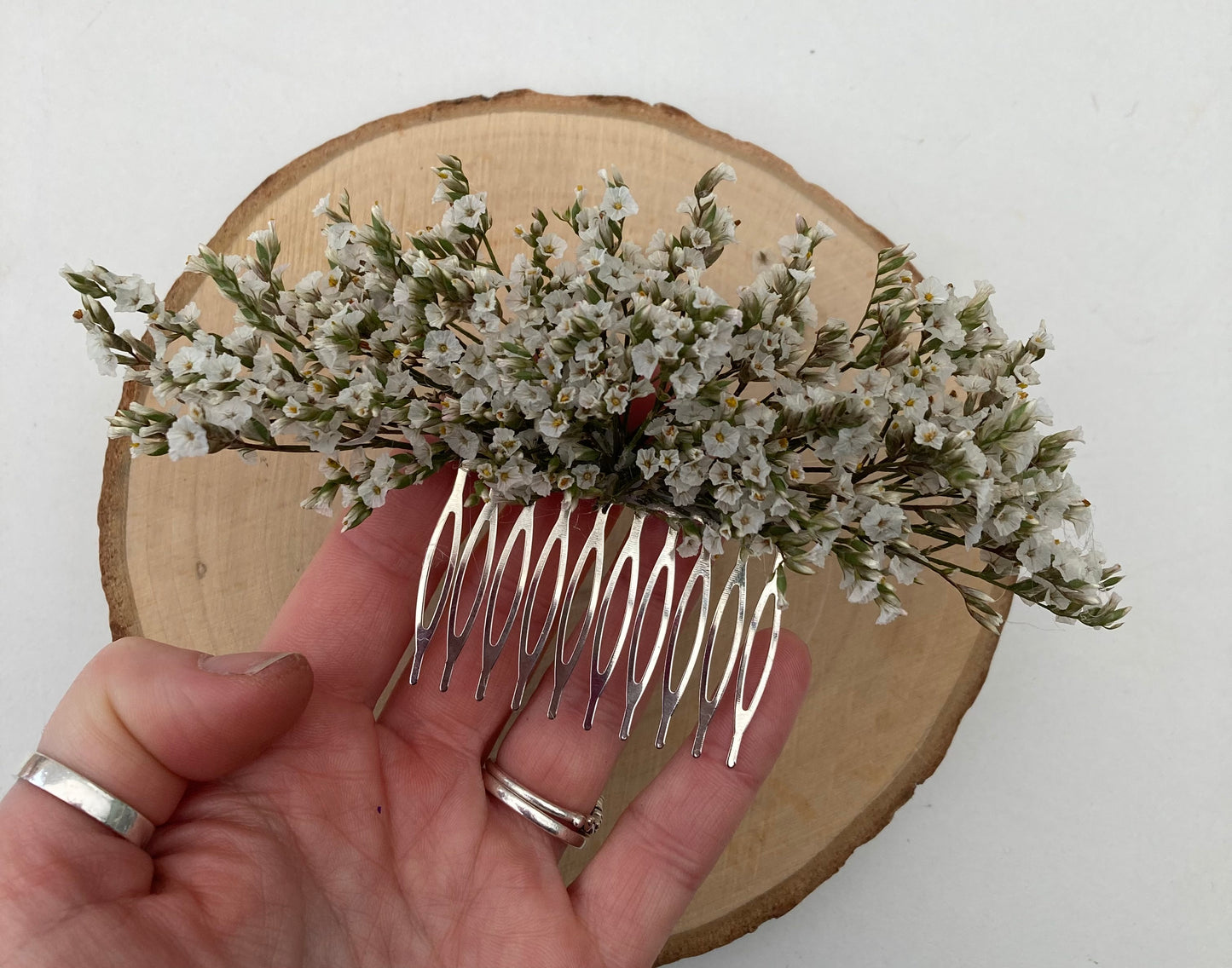 Dried White Limonium Flower Hair Comb