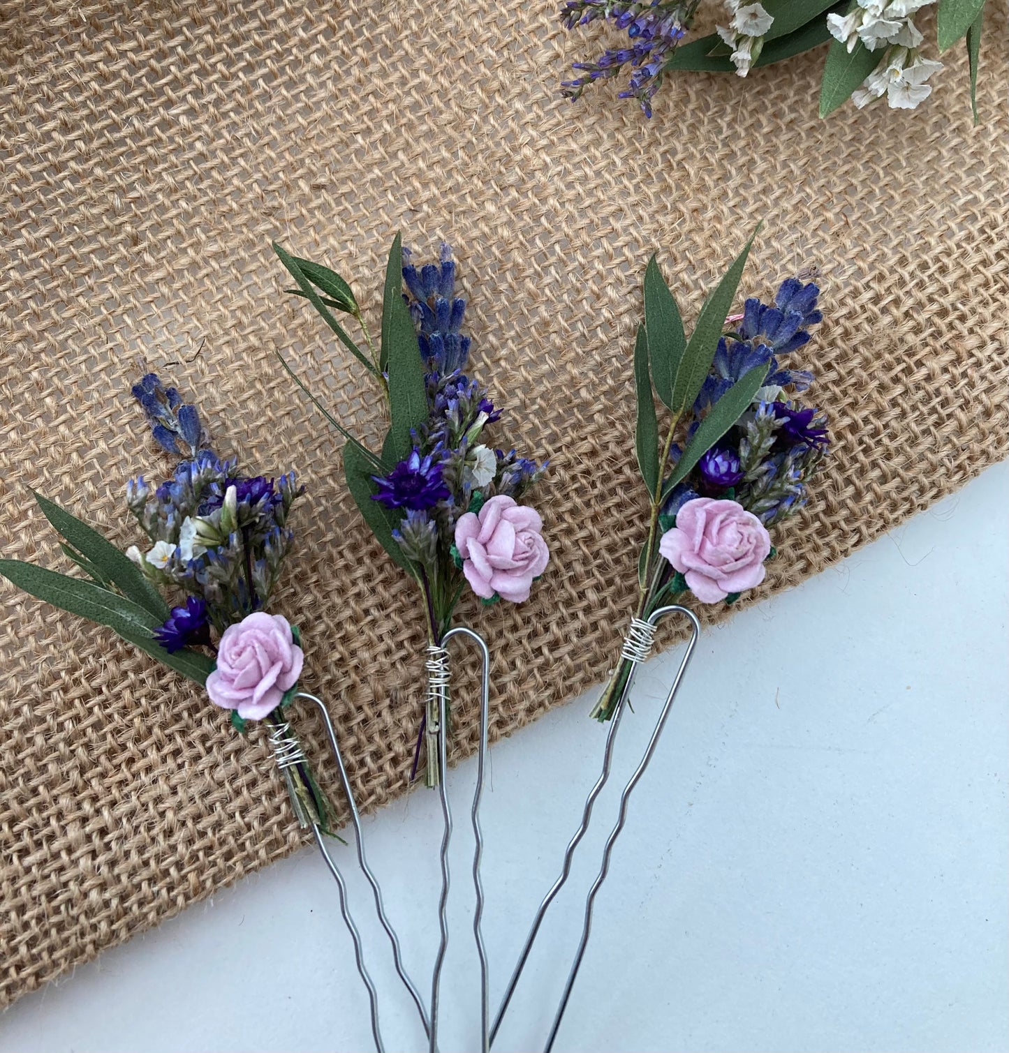 Lilac and Dried Eucalyptus Flower Hair Pins