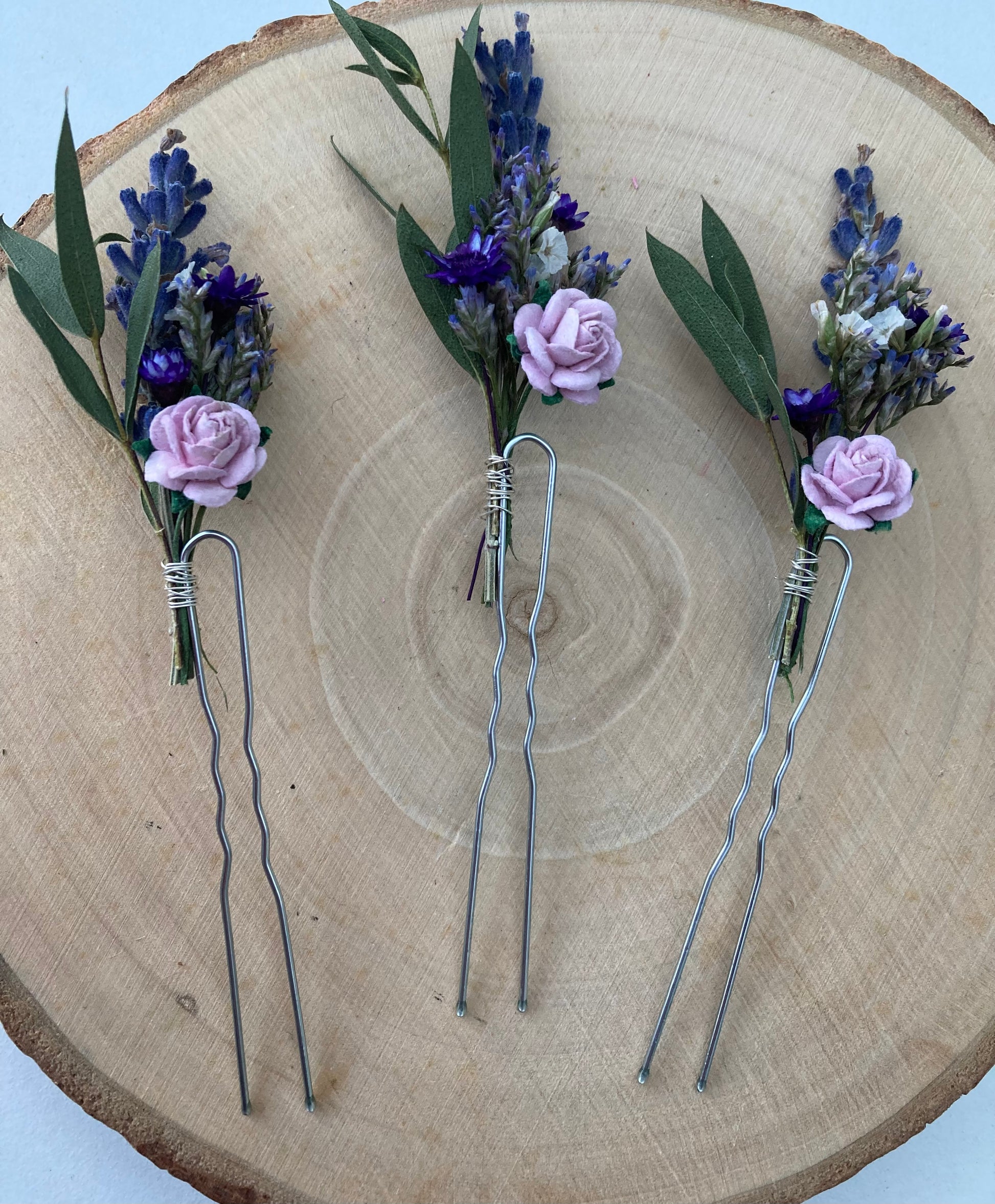 Lilac dried flower pins, dried eucalyptus and lavender floral hair pins, wedding bridal hairpiece