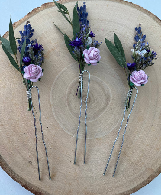 Lilac dried flower pins, dried eucalyptus and lavender floral hair pins, wedding bridal hairpiece