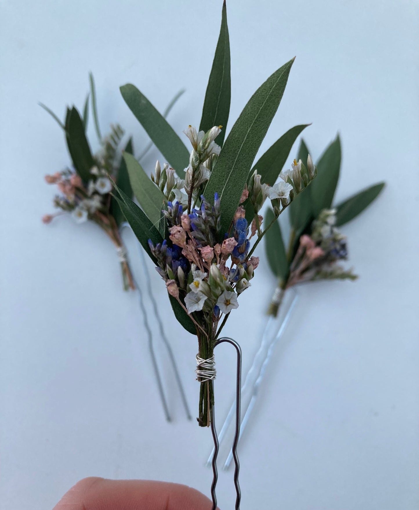 Dried Eucalyptus and Limonium Flower Hair Pins