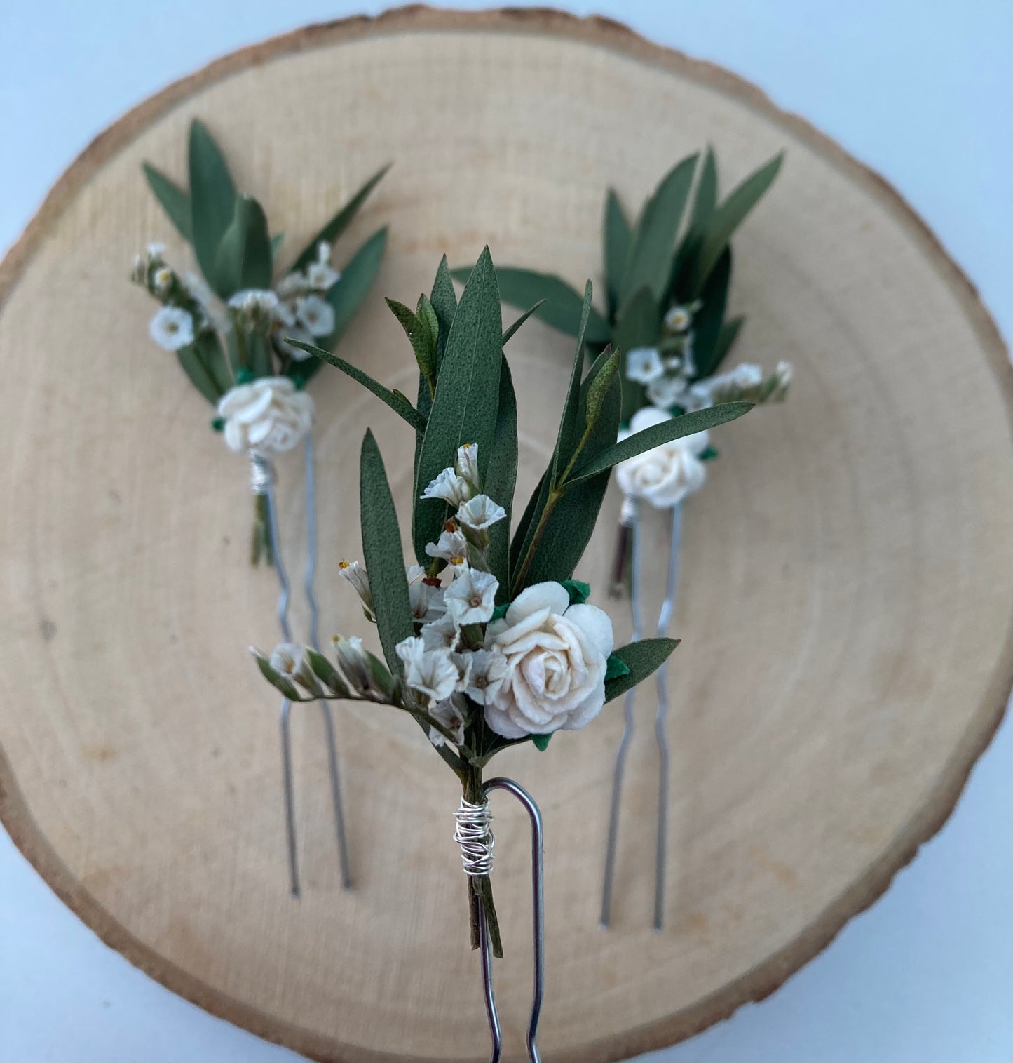 Dried Eucalyptus and White Flower Hair Pins