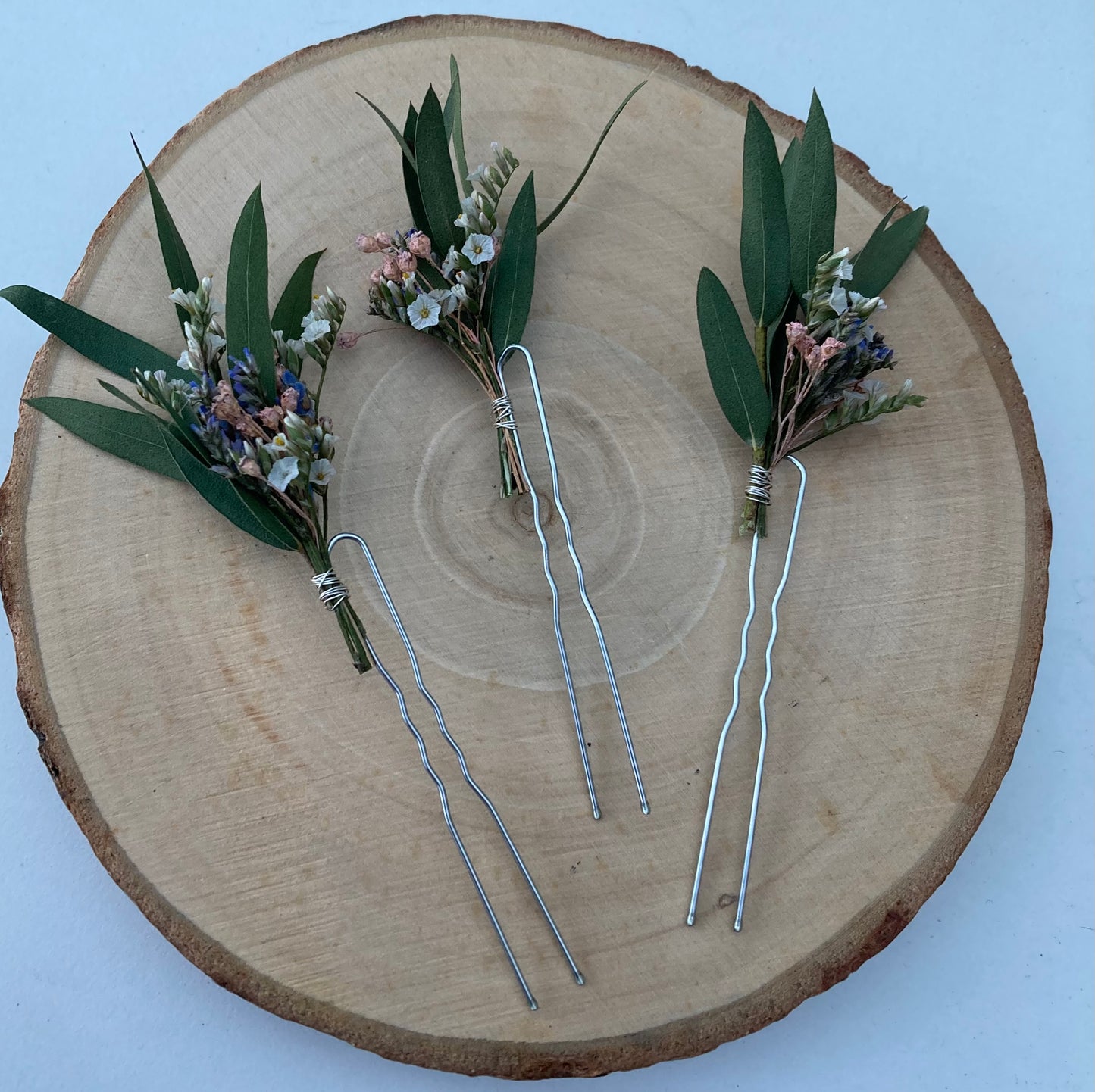 Dried Eucalyptus and Limonium Flower Hair Pins