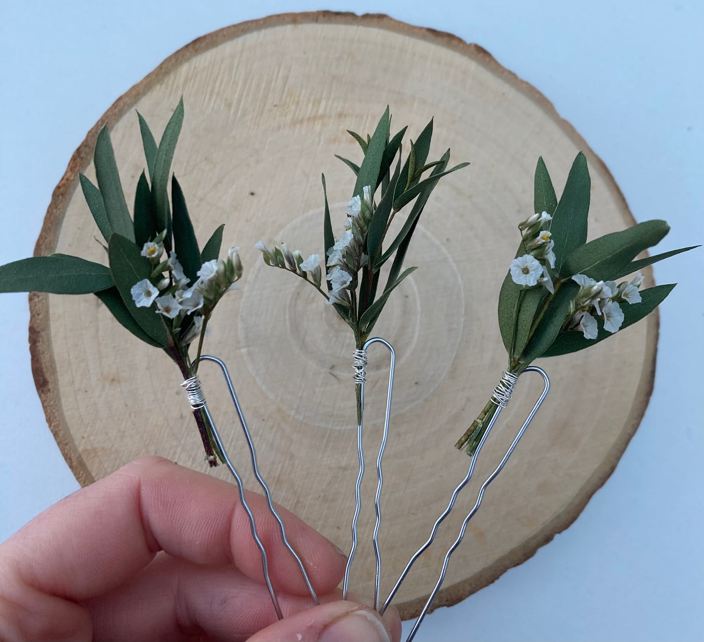 Dried eucalyptus and white flower hair pins, bridal wedding hairpiece