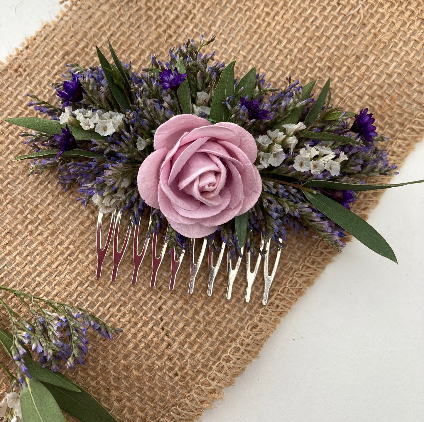 Dried Eucalyptus and Lilac Flower Hair Comb