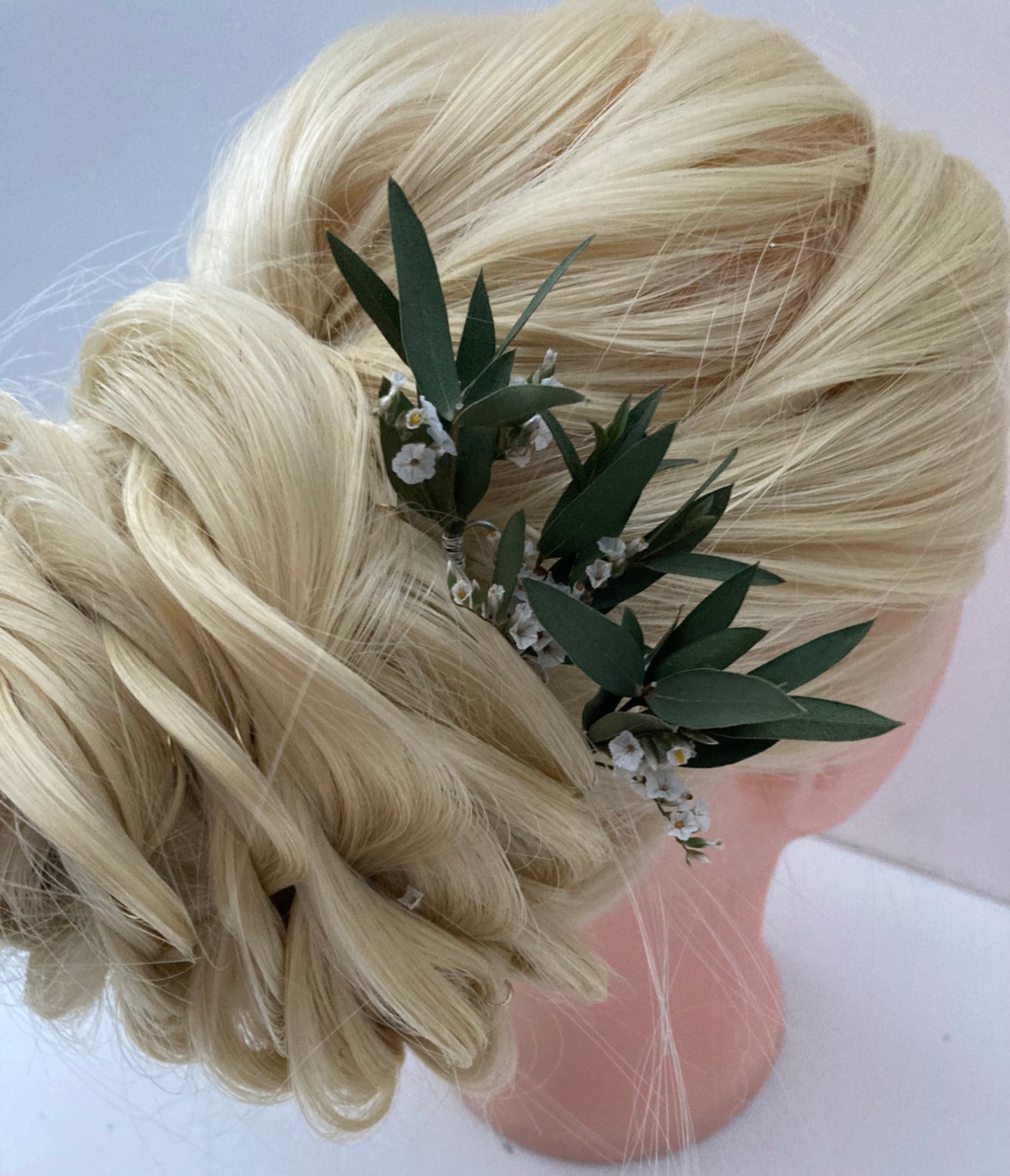 Dried Eucalyptus and White Flower Hair Pins