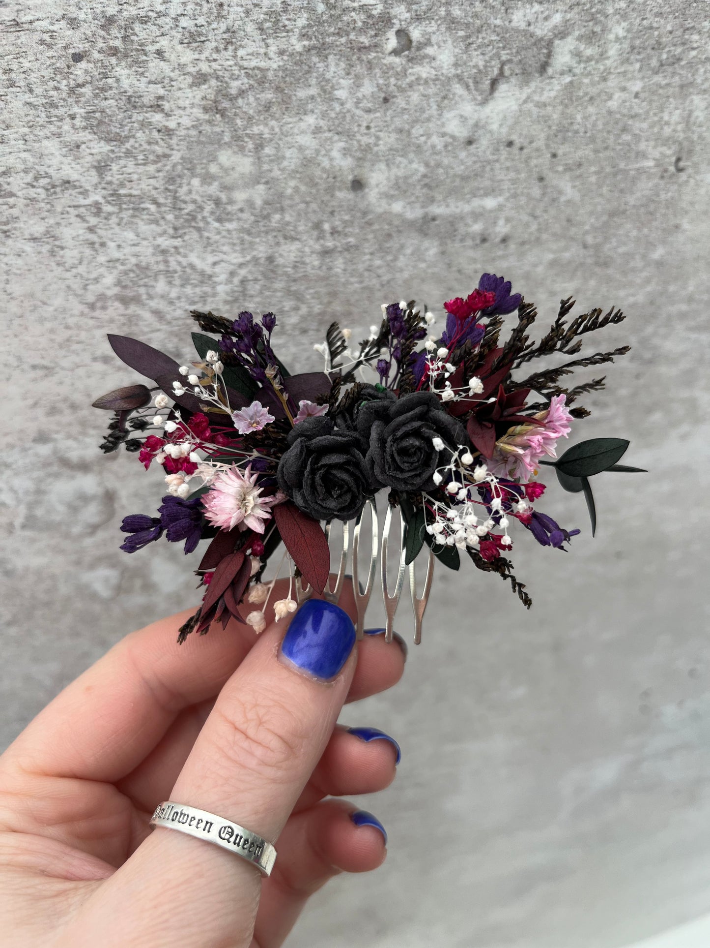 Gothic Black, Pink And Burgundy Flower Hair Comb