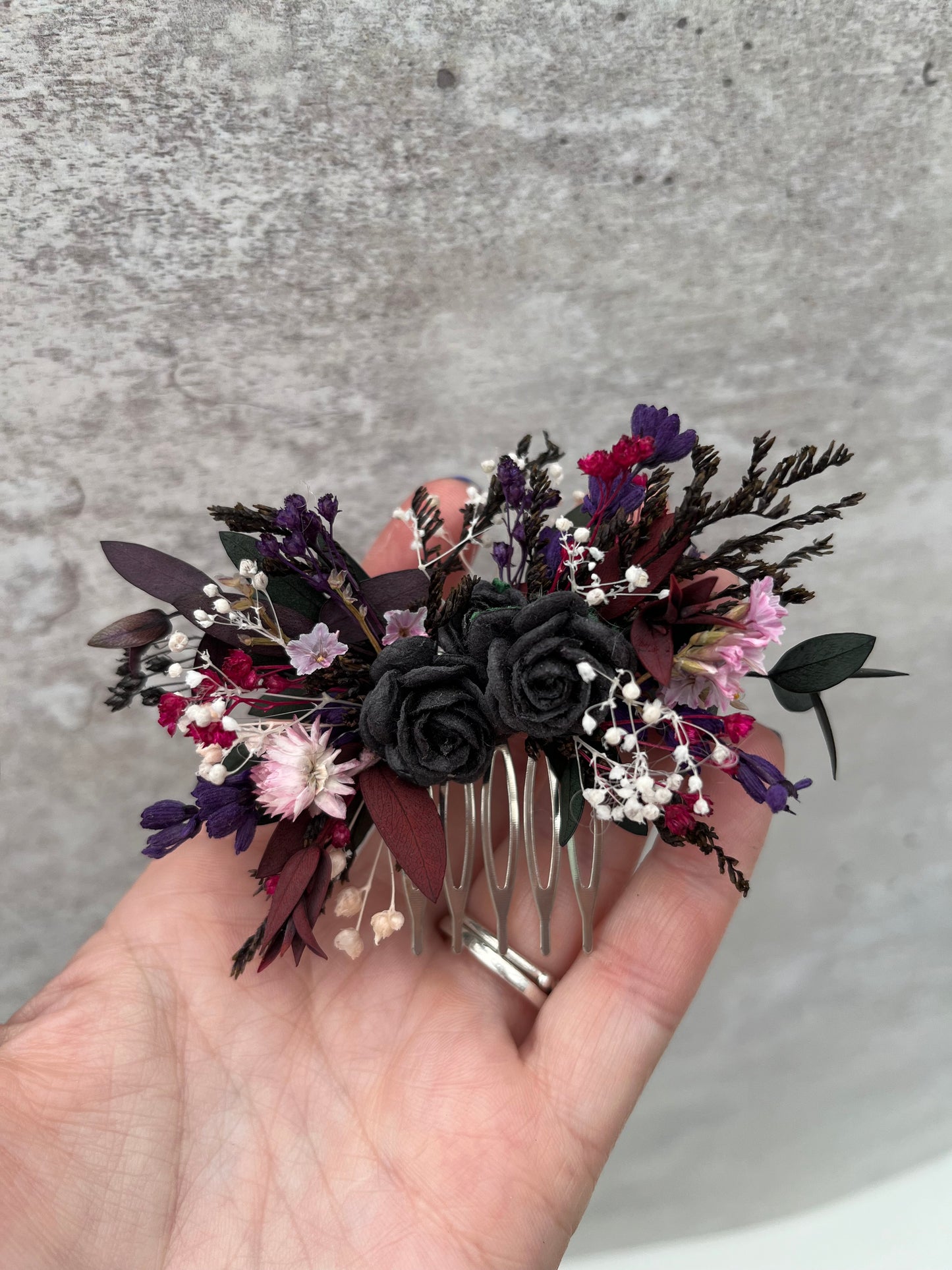 Gothic Black, Pink And Burgundy Flower Hair Comb