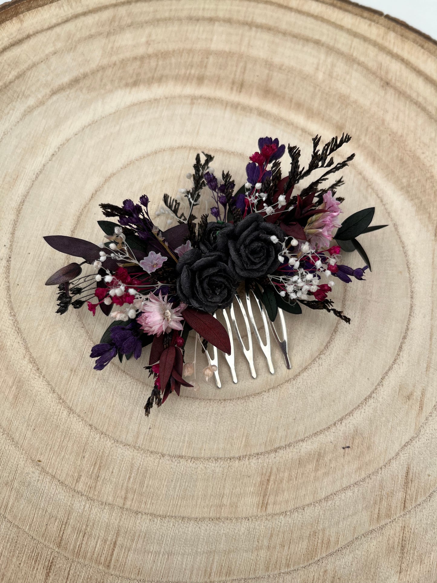 Gothic Black, Pink And Burgundy Flower Hair Comb